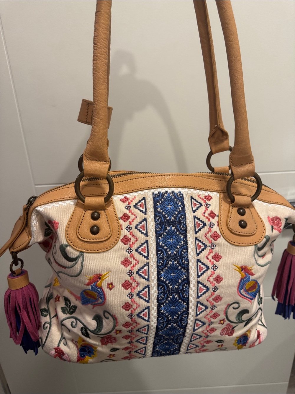 Sharif Embroidered Canvas Shoulder Bag - Cream, Blue, Tan, Pink